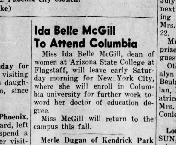 MCGILL Ida Belle to Columbia university for work on doctor of education degree